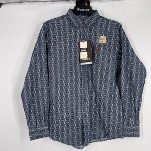 Ariat Boys Navy Blue Geometric Print Long Sleeve Western Button Down Shirt XL